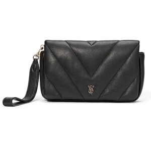 Victoria's Secret Quilted Clutch Black Wristlet Zip Closure Logo Accent Women